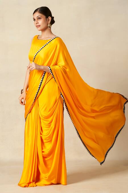 Buy_Gulabo By Abu Sandeep_Yellow Modal, Satin Mango Pre-draped Saree _Online_at_Aza_Fashions