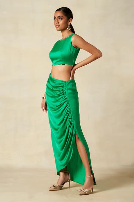 Buy_Gulabo By Abu Sandeep_Green Modal, Satin Boat Neck Sleeveless Blouse _Online_at_Aza_Fashions