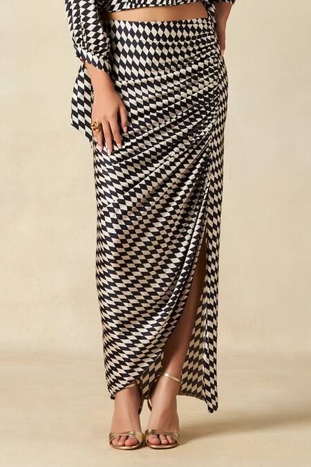 Shop Gulabo By Abu Sandeep Black Modal, Satin Checkerboard Gathered Skirt Online at Aza Fashions Shop_Gulabo By Abu Sandeep_Black Modal, Satin Checkerboard Gathered Skirt _Online_at_Aza_Fashions