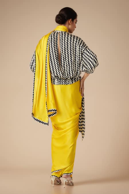 Shop_Gulabo By Abu Sandeep_Yellow Modal, Satin Spikey Border Pre-draped Pant Saree _at_Aza_Fashions