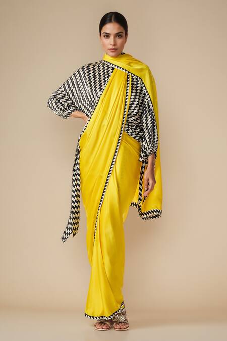 Gulabo By Abu Sandeep_Yellow Modal, Satin Spikey Border Pre-draped Pant Saree _Online_at_Aza_Fashions