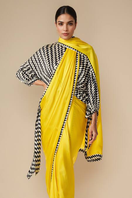 Buy_Gulabo By Abu Sandeep_Yellow Modal, Satin Spikey Border Pre-draped Pant Saree _Online_at_Aza_Fashions