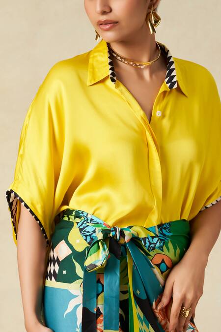 Gulabo By Abu Sandeep_Yellow Modal Collared Elbow Sleeve Crop Shirt _Online_at_Aza_Fashions