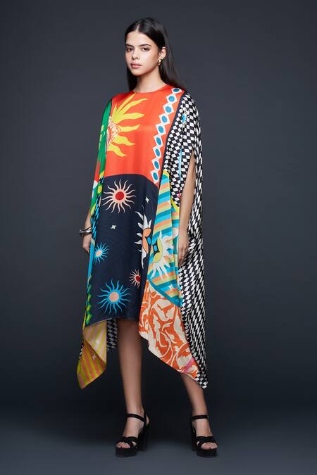 Gulabo By Abu Sandeep_Multi Color Modal Round Neck Checkerboard Bloom Kaftan _Online_at_Aza_Fashions