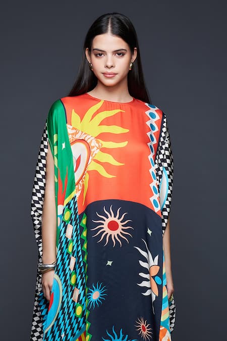 Buy_Gulabo By Abu Sandeep_Multi Color Modal Round Neck Checkerboard Bloom Kaftan _Online_at_Aza_Fashions