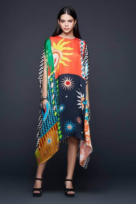 Shop_Gulabo By Abu Sandeep_Multi Color Modal Round Neck Checkerboard Bloom Kaftan _Online_at_Aza_Fashions