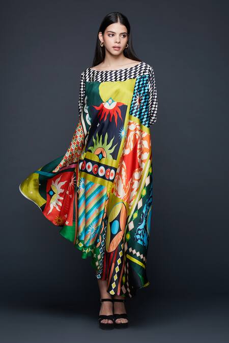 Shop Gulabo By Abu Sandeep Multi Color Modal Boat Neck Geometric Bloom Tunic Online at Aza Fashions Shop_Gulabo By Abu Sandeep_Multi Color Modal Boat Neck Geometric Bloom Tunic _Online_at_Aza_Fashions