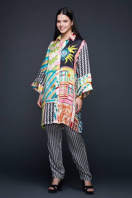 Gulabo By Abu Sandeep_Multi Color Modal Collared Geometric Flora Print Shirt _Online_at_Aza_Fashions