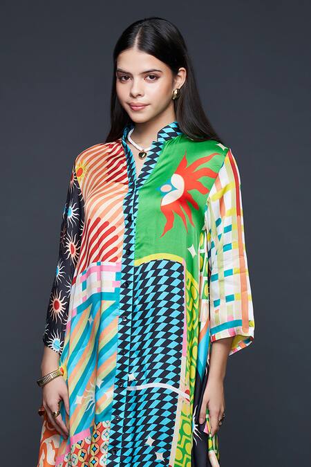 Gulabo By Abu Sandeep_Multi Color Modal Mandarin Collar Checkerboard Bloom Shirt Dress _Online_at_Aza_Fashions