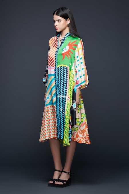 Buy_Gulabo By Abu Sandeep_Multi Color Modal Mandarin Collar Checkerboard Bloom Shirt Dress _Online_at_Aza_Fashions