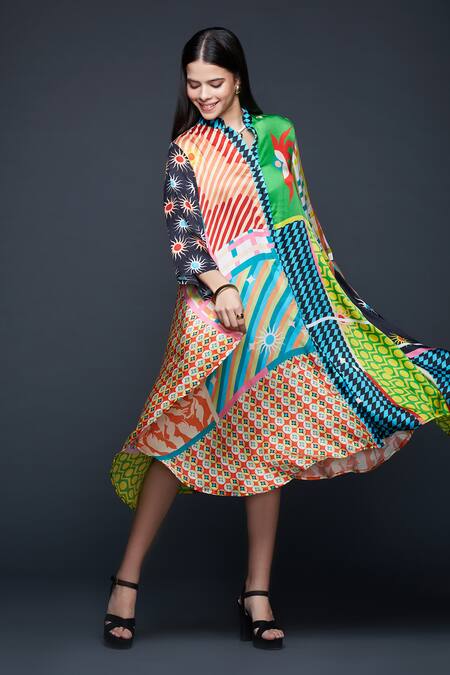 Shop_Gulabo By Abu Sandeep_Multi Color Modal Mandarin Collar Checkerboard Bloom Shirt Dress _Online_at_Aza_Fashions