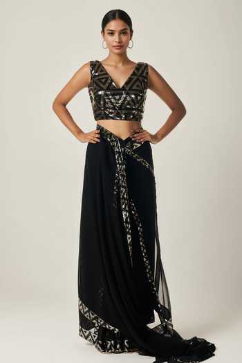 Gulabo By Abu Sandeep_Black Viscose, Georgette Sequins V-neck Geometric Embellished Blouse _Online_at_Aza_Fashions