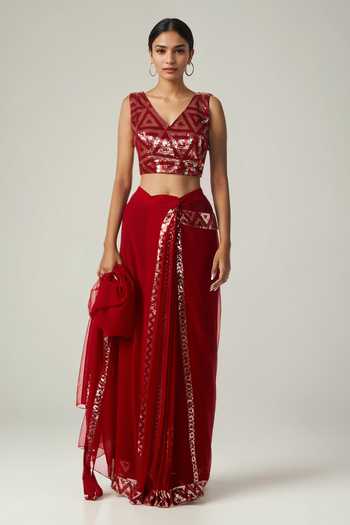 Gulabo By Abu Sandeep_Red Viscose, Georgette Sequins V-neck Geometric Embellished Blouse _Online_at_Aza_Fashions