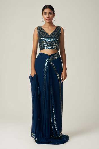 Gulabo By Abu Sandeep_Blue Georgette Sequins V-neck Geometric Embellished Blouse _Online_at_Aza_Fashions
