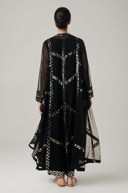 Shop Gulabo By Abu Sandeep Black Viscose Sequins Open Neck, Geometric Embellished Kurta Set at Aza Fashions Shop_Gulabo By Abu Sandeep_Black Viscose Sequins Open Neck, Geometric Embellished Kurta Set _at_Aza_Fashions