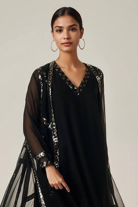 Buy Gulabo By Abu Sandeep Black Viscose Sequins Open Neck, Geometric Embellished Kurta Set Buy_Gulabo By Abu Sandeep_Black Viscose Sequins Open Neck, Geometric Embellished Kurta Set
