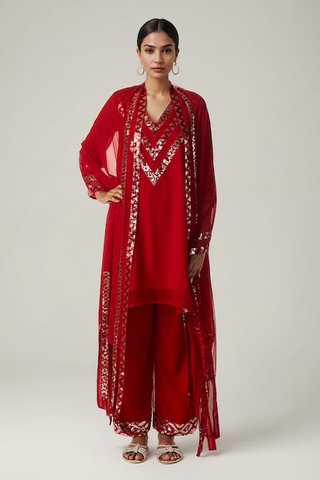 Gulabo by Abu Sandeep Geometric Sequin Asymmetric Kurta Set 