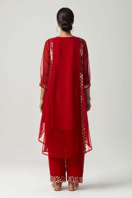 Shop Gulabo By Abu Sandeep Red Viscose, Georgette Sequins, Embroidery Round Geometric Asymmetric Kurta Set at Aza Fashions Shop_Gulabo By Abu Sandeep_Red Viscose, Georgette Sequins, Embroidery Round Geometric Asymmetric Kurta Set _at_Aza_Fashions