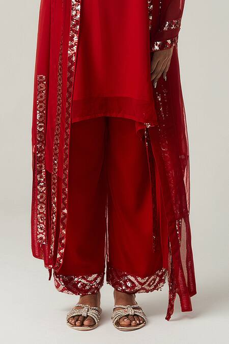 Gulabo By Abu Sandeep Red Viscose, Georgette Sequins, Embroidery Round Geometric Asymmetric Kurta Set Online at Aza Fashions Gulabo By Abu Sandeep_Red Viscose, Georgette Sequins, Embroidery Round Geometric Asymmetric Kurta Set _Online_at_Aza_Fashions