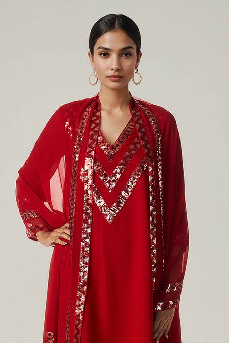 Shop Gulabo By Abu Sandeep Red Viscose, Georgette Sequins, Embroidery Round Geometric Asymmetric Kurta Set Online at Aza Fashions Shop_Gulabo By Abu Sandeep_Red Viscose, Georgette Sequins, Embroidery Round Geometric Asymmetric Kurta Set _Online_at_Aza_Fashions