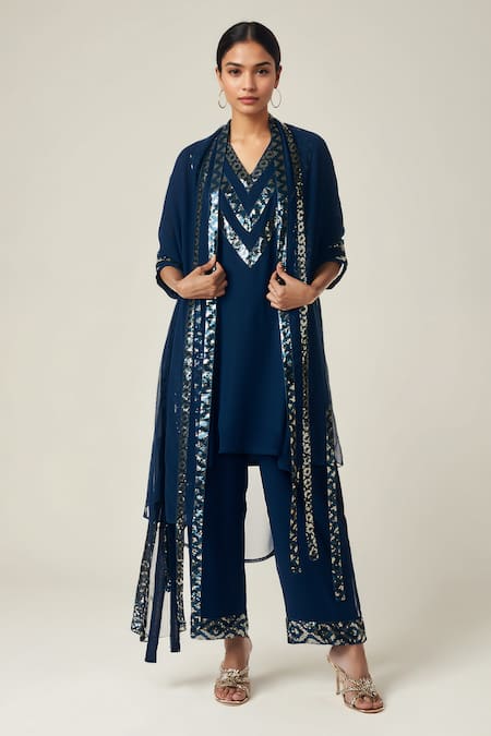 Gulabo by Abu Sandeep Geometric Sequin Asymmetric Kurta With Pant 