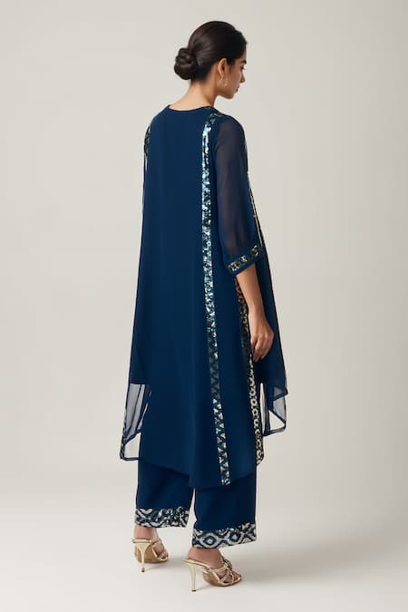 Shop Gulabo By Abu Sandeep Blue Viscose, Georgette Sequins V-neck Geometric Asymmetric Kurta And Pant at Aza Fashions Shop_Gulabo By Abu Sandeep_Blue Viscose, Georgette Sequins V-neck Geometric Asymmetric Kurta And Pant _at_Aza_Fashions