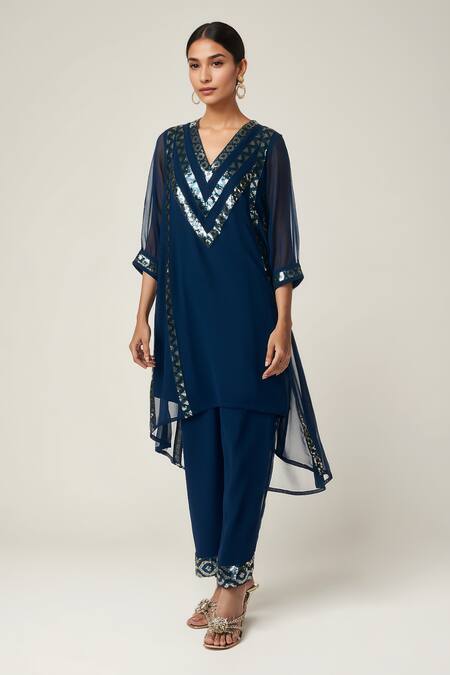Gulabo By Abu Sandeep Blue Viscose, Georgette Sequins V-neck Geometric Asymmetric Kurta And Pant Online at Aza Fashions Gulabo By Abu Sandeep_Blue Viscose, Georgette Sequins V-neck Geometric Asymmetric Kurta And Pant _Online_at_Aza_Fashions