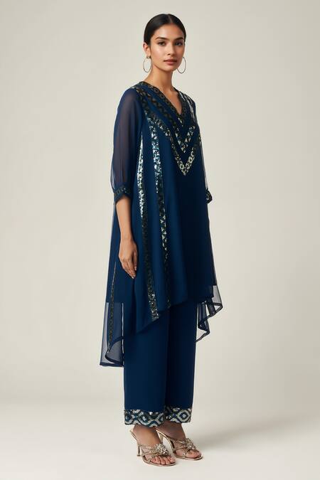 Buy Gulabo By Abu Sandeep Blue Viscose, Georgette Sequins V-neck Geometric Asymmetric Kurta And Pant Online at Aza Fashions Buy_Gulabo By Abu Sandeep_Blue Viscose, Georgette Sequins V-neck Geometric Asymmetric Kurta And Pant _Online_at_Aza_Fashions