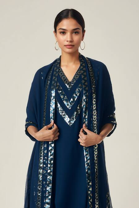 Shop Gulabo By Abu Sandeep Blue Viscose, Georgette Sequins V-neck Geometric Asymmetric Kurta And Pant Online at Aza Fashions Shop_Gulabo By Abu Sandeep_Blue Viscose, Georgette Sequins V-neck Geometric Asymmetric Kurta And Pant _Online_at_Aza_Fashions