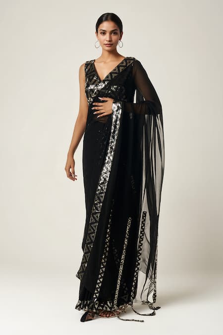 Gulabo by Abu Sandeep Geometric Sequin Embellished Black Saree 