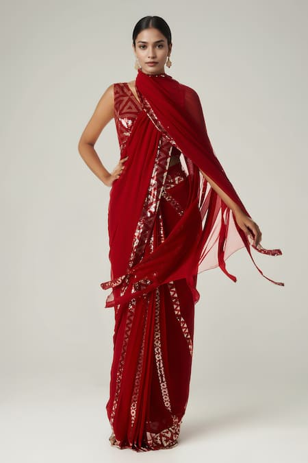 Gulabo by Abu Sandeep Geometric Sequin Embellished Red Saree 