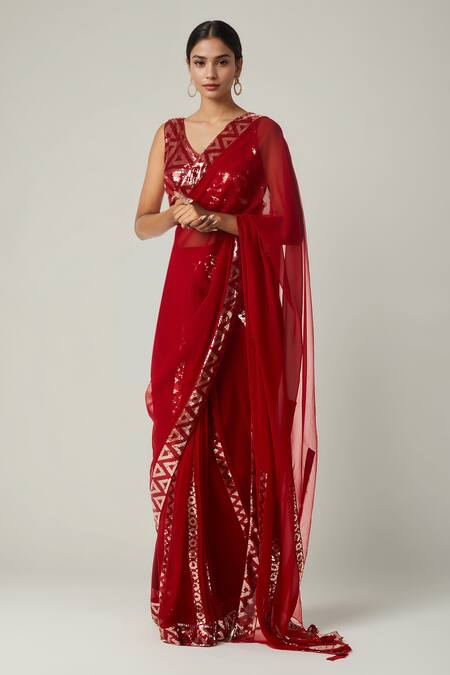 Gulabo By Abu Sandeep_Red Viscose, Georgette Sequins Geometric Embellished Saree _Online_at_Aza_Fashions