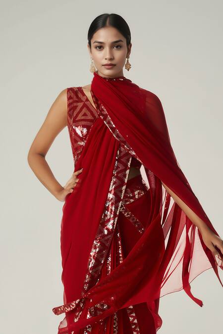 Buy_Gulabo By Abu Sandeep_Red Viscose, Georgette Sequins Geometric Embellished Saree _Online_at_Aza_Fashions