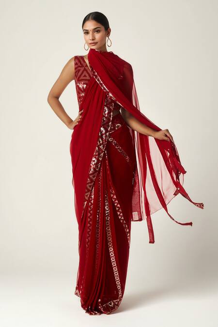 Shop_Gulabo By Abu Sandeep_Red Viscose, Georgette Sequins Geometric Embellished Saree _Online_at_Aza_Fashions