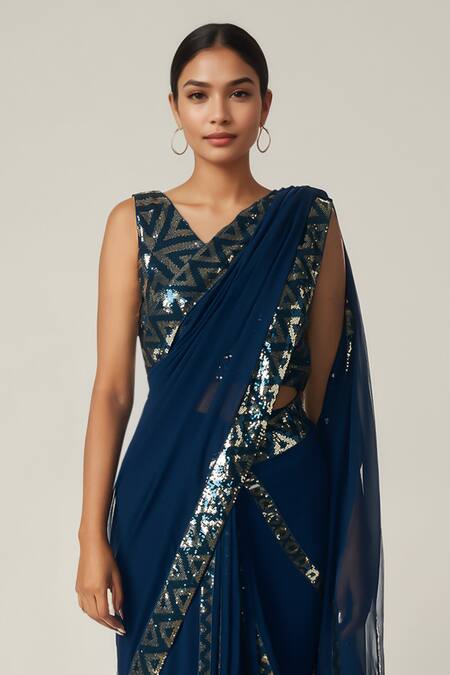 Gulabo By Abu Sandeep_Blue Viscose, Georgette Sequins Geometric Embellished Pre-draped Saree _Online_at_Aza_Fashions