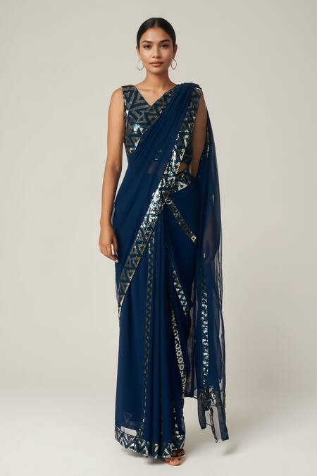 Buy_Gulabo By Abu Sandeep_Blue Viscose, Georgette Sequins Geometric Embellished Pre-draped Saree _Online_at_Aza_Fashions