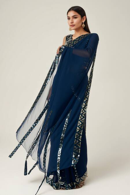 Shop_Gulabo By Abu Sandeep_Blue Viscose, Georgette Sequins Geometric Embellished Pre-draped Saree _Online_at_Aza_Fashions