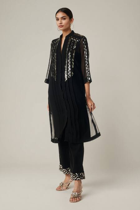 Buy_Gulabo By Abu Sandeep_Black Viscose Sequins Collared Geometric Embellished Kurta Set _Online_at_Aza_Fashions