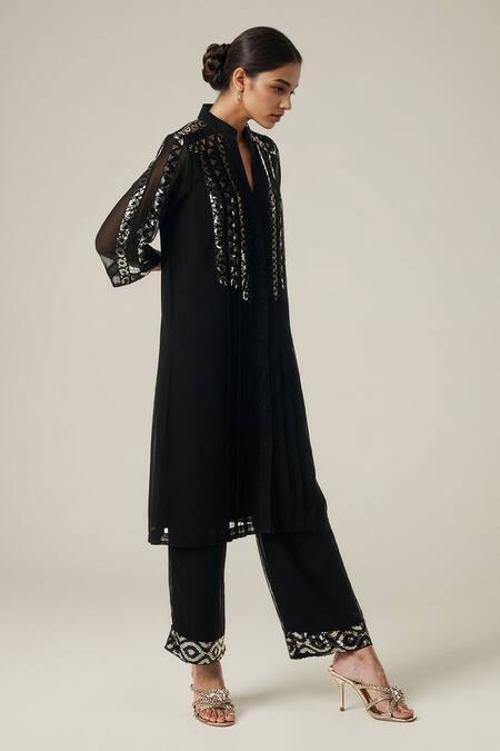 Shop_Gulabo By Abu Sandeep_Black Viscose Sequins Collared Geometric Embellished Kurta Set _Online_at_Aza_Fashions