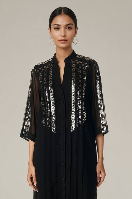 Gulabo By Abu Sandeep_Black Viscose Sequins Collared Geometric Embellished Kurta Set _at_Aza_Fashions