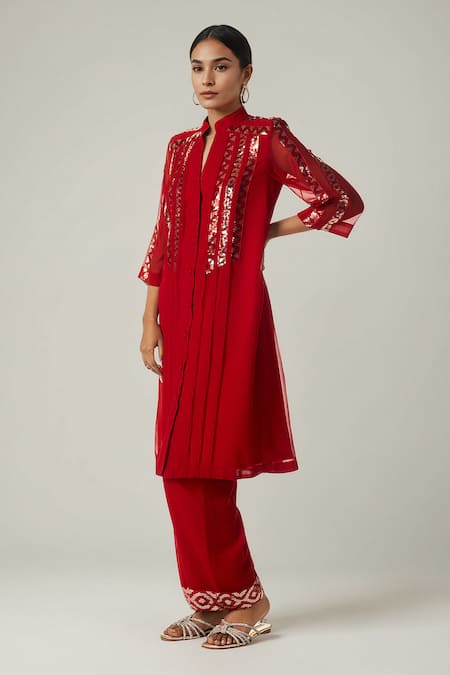 Buy_Gulabo By Abu Sandeep_Red Viscose Sequins Bandeau Neck Geometric Embellished Kurta Set _Online_at_Aza_Fashions