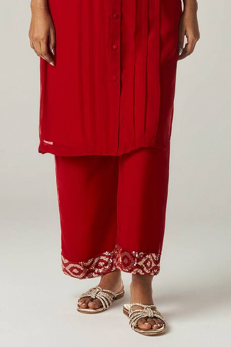Shop_Gulabo By Abu Sandeep_Red Viscose Sequins Bandeau Neck Geometric Embellished Kurta Set _Online_at_Aza_Fashions