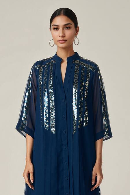 Buy_Gulabo By Abu Sandeep_Blue Viscose Sequins Collared Geometric Embellished Kurta Set _Online_at_Aza_Fashions