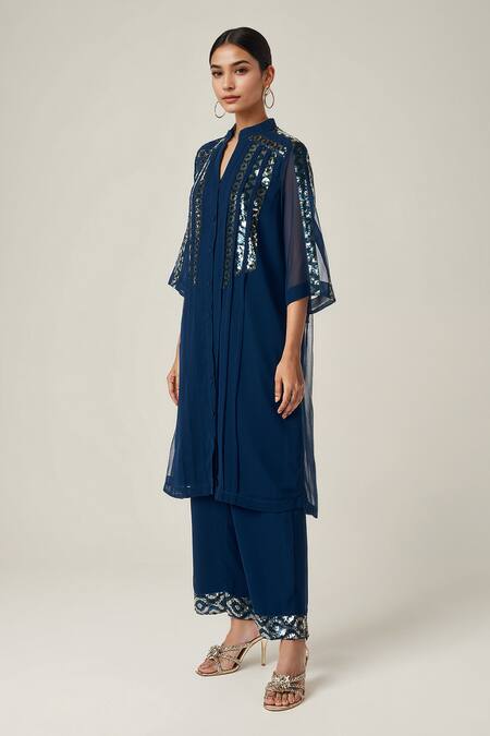 Shop_Gulabo By Abu Sandeep_Blue Viscose Sequins Collared Geometric Embellished Kurta Set _Online_at_Aza_Fashions