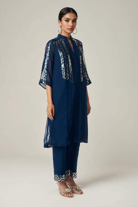 Gulabo By Abu Sandeep_Blue Viscose Sequins Collared Geometric Embellished Kurta Set _at_Aza_Fashions