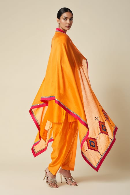Gulabo By Abu Sandeep_Orange Chanderi Gota Patti Ikat Applique Abla Embroidered Dupatta _Online_at_Aza_Fashions