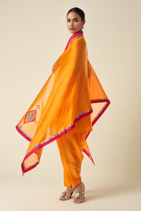 Buy_Gulabo By Abu Sandeep_Orange Chanderi Gota Patti Ikat Applique Abla Embroidered Dupatta _Online_at_Aza_Fashions