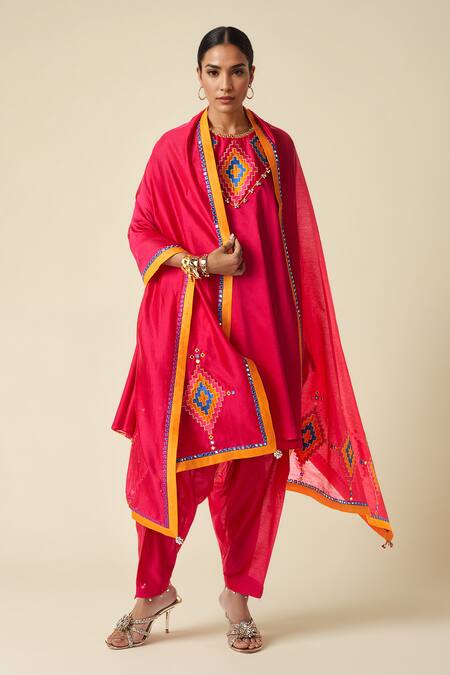 Gulabo By Abu Sandeep_Pink Chanderi Gota Patti Ikat Applique Mirror Embroidered Dupatta _Online_at_Aza_Fashions