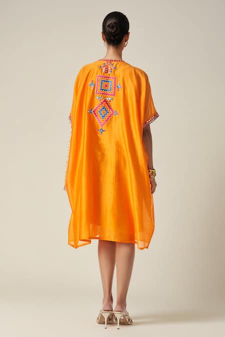 Shop Gulabo By Abu Sandeep Orange Chanderi Embroidery Round Neck Ikat Applique Abla Kaftan at Aza Fashions Shop_Gulabo By Abu Sandeep_Orange Chanderi Embroidery Round Neck Ikat Applique Abla Kaftan _at_Aza_Fashions