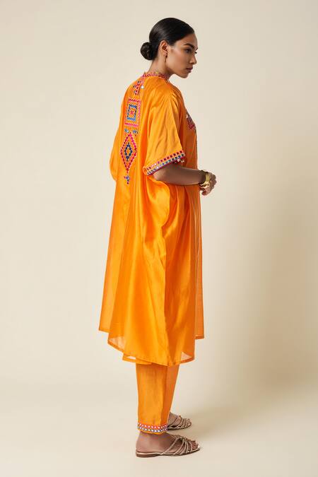 Gulabo By Abu Sandeep Orange Chanderi Embroidery Round Neck Ikat Applique Abla Kaftan Online at Aza Fashions Gulabo By Abu Sandeep_Orange Chanderi Embroidery Round Neck Ikat Applique Abla Kaftan _Online_at_Aza_Fashions